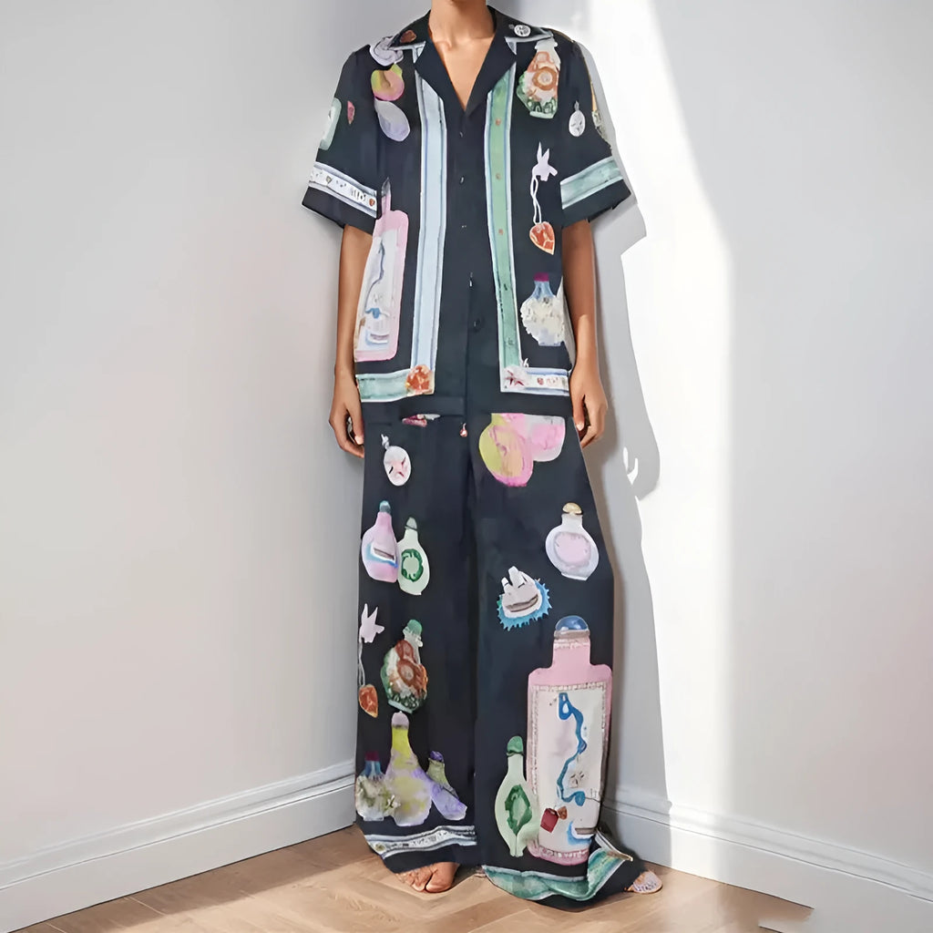 Black women's cardigan and trousers set with cartoon animation print