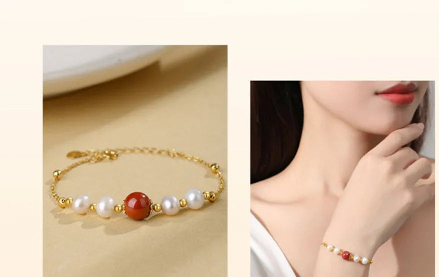 Yellow retro style 925 silver bracelet with red bean pearl cinnabar design for women