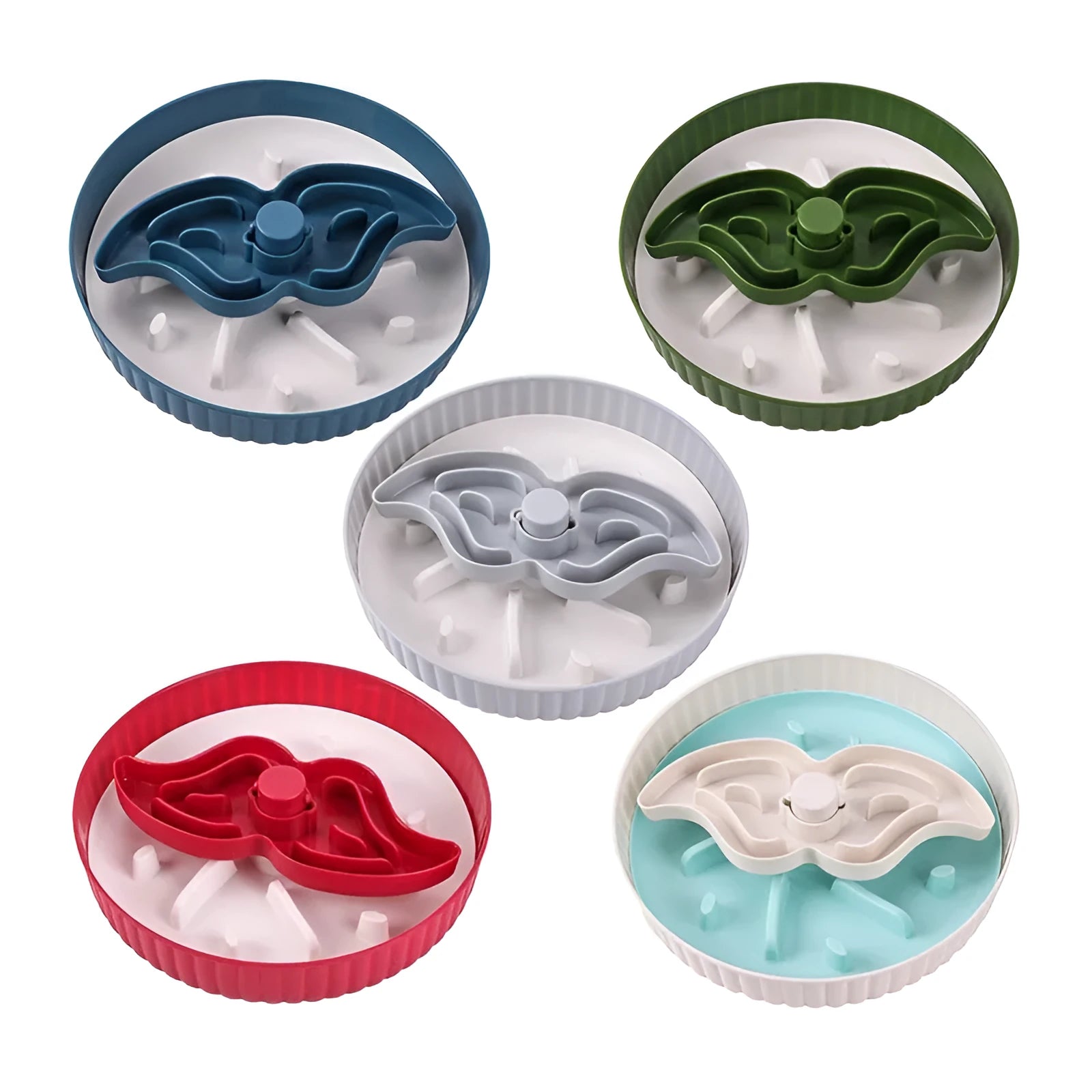 Grey slow feed dog bowl with rotating puzzle disc and a textured, green silicone licking mat in the centre