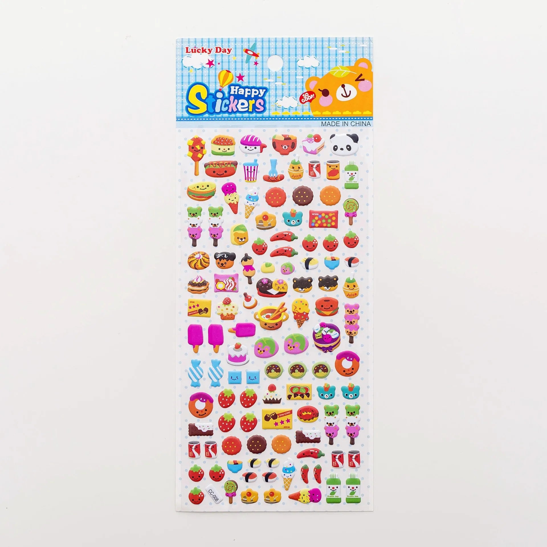 Sheet of cartoon-themed three-dimensional bubble stickers with raised surfaces on various designs like an alpaca, dinosaur, and bow tie cat.