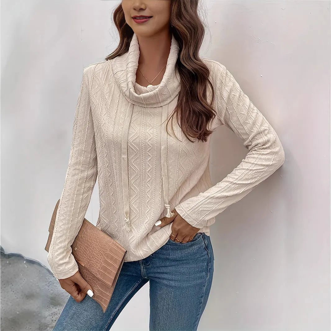 Apricot hooded pullover sweater with drawstring and long sleeves