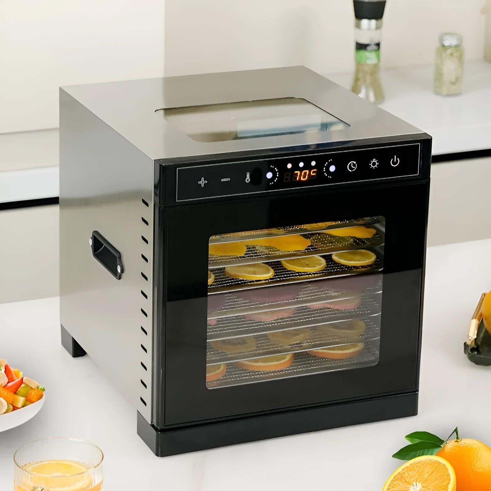 Stainless steel fruit dehydrator with visual skylight on top, showing multiple drying trays inside.