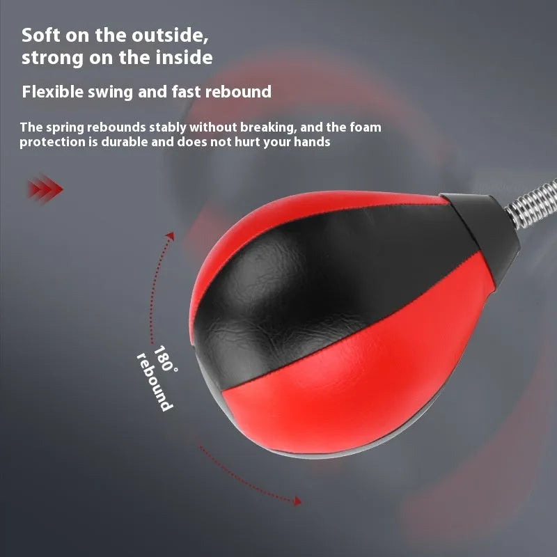 Inflatable pear-shaped boxing training ball with double suction cup hanging mount and red/black ball head