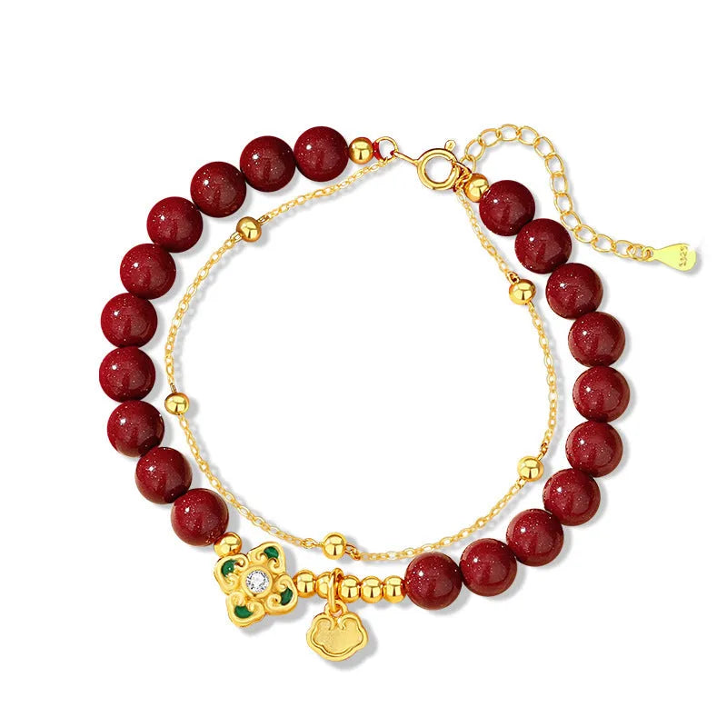 Sterling silver women's bracelet with geometric shape, ruyi, xiangyun and cinnabar flower design.