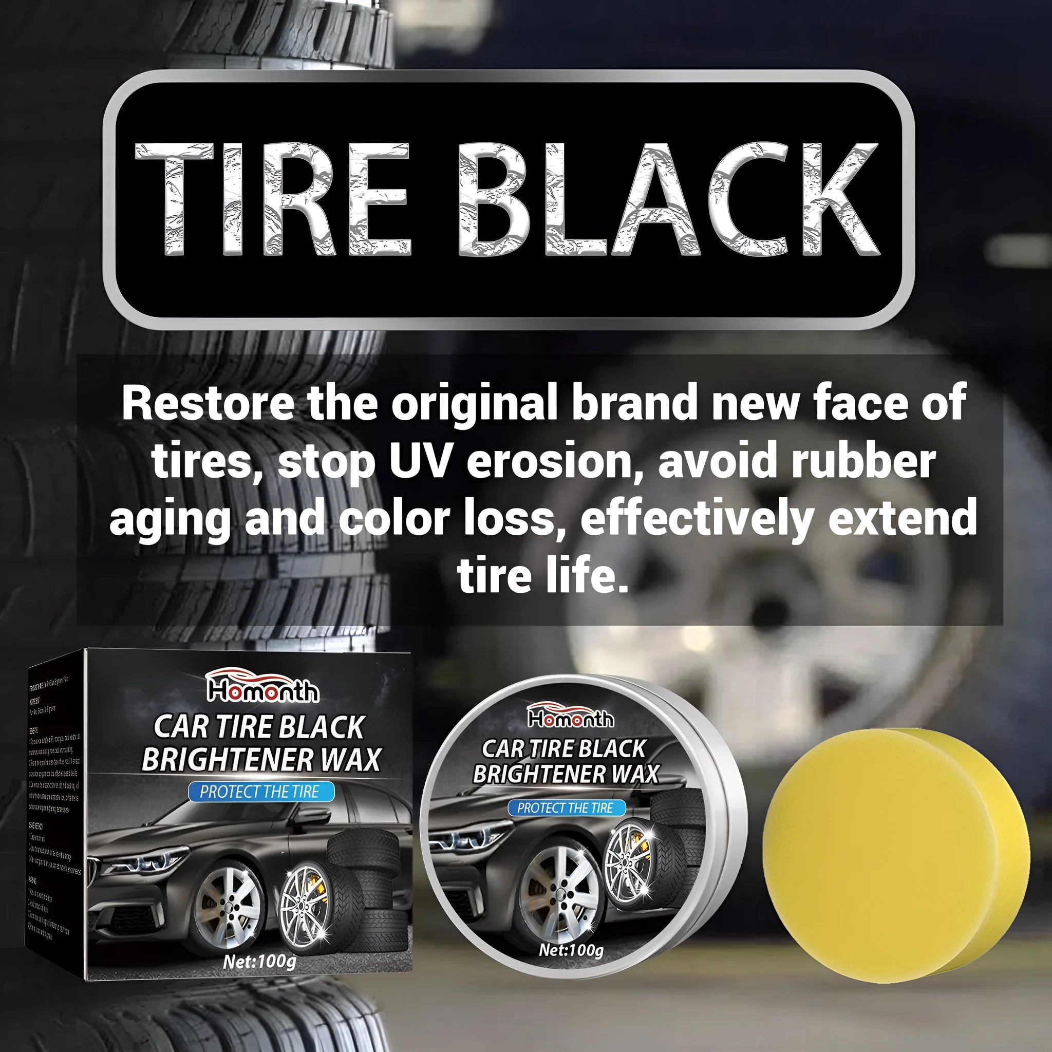 100g car tyre retreading wax in a pot with a white sponge applicator for wheel renovation