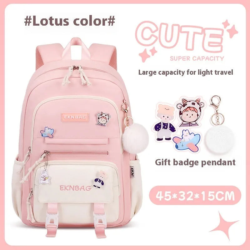 Girls waterproof school backpack in pink colour with curved shoulder straps and spine protection features