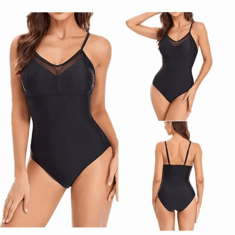 Ladies' solid colour black backless one-piece swimsuit laid flat, showing mesh design and high-cut legs.