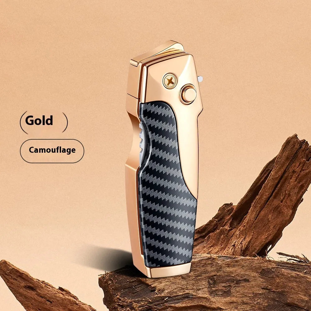 Zinc alloy metal folding lighter with straight jet flame and integrated knife in multiple finish options