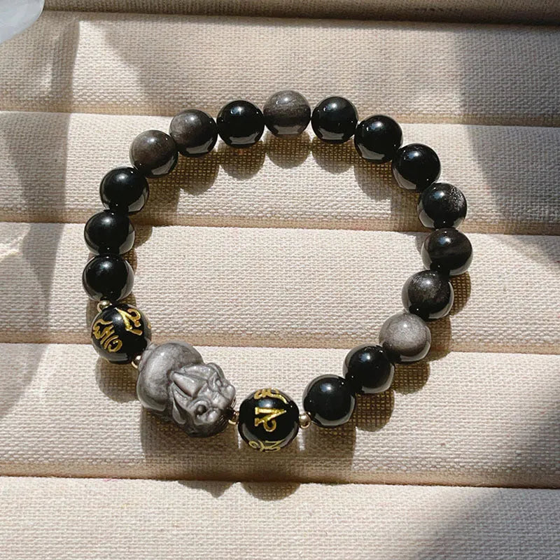 Men's natural silverstone bracelet with Chinese zodiac design and manual bead stringing