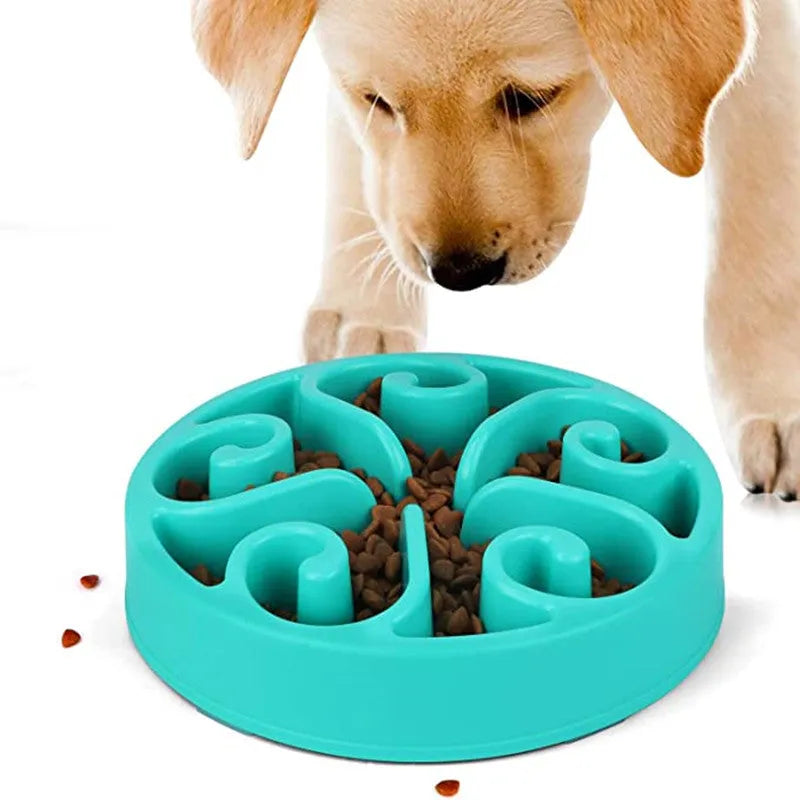 Colour options of an eco-friendly dog slow feeder bowl with maze pattern and non-slip base.