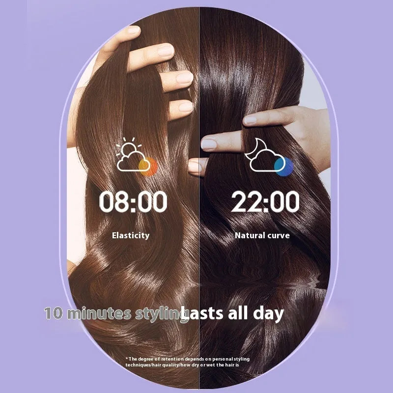 Light purple automatic hair curler with 32mm anion barrel, three clips, and a comb on a white background.