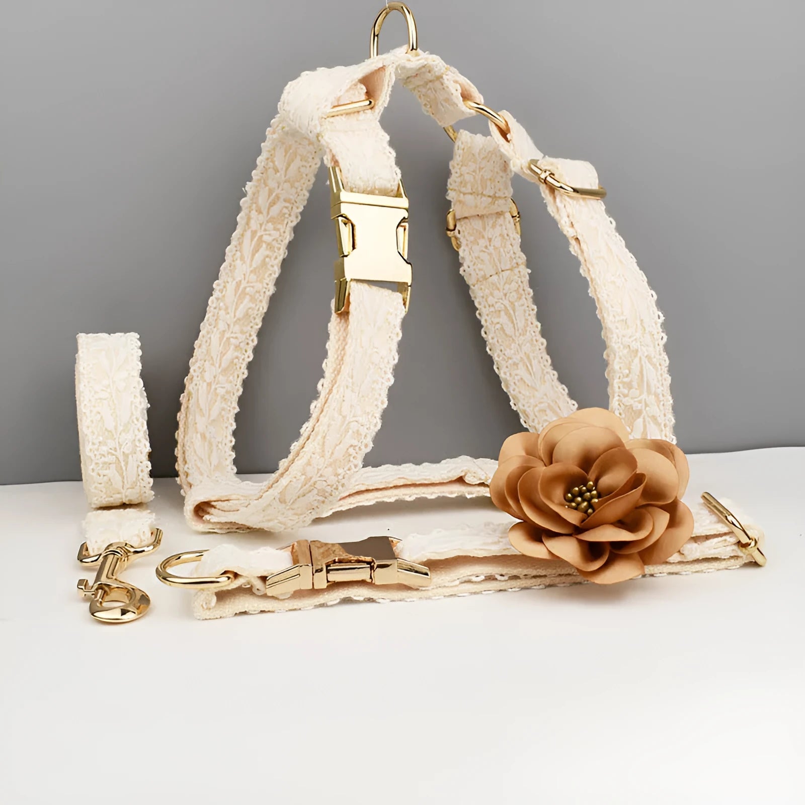 Polyester dog wedding vest collar set with matching leash and flower band in lace trim