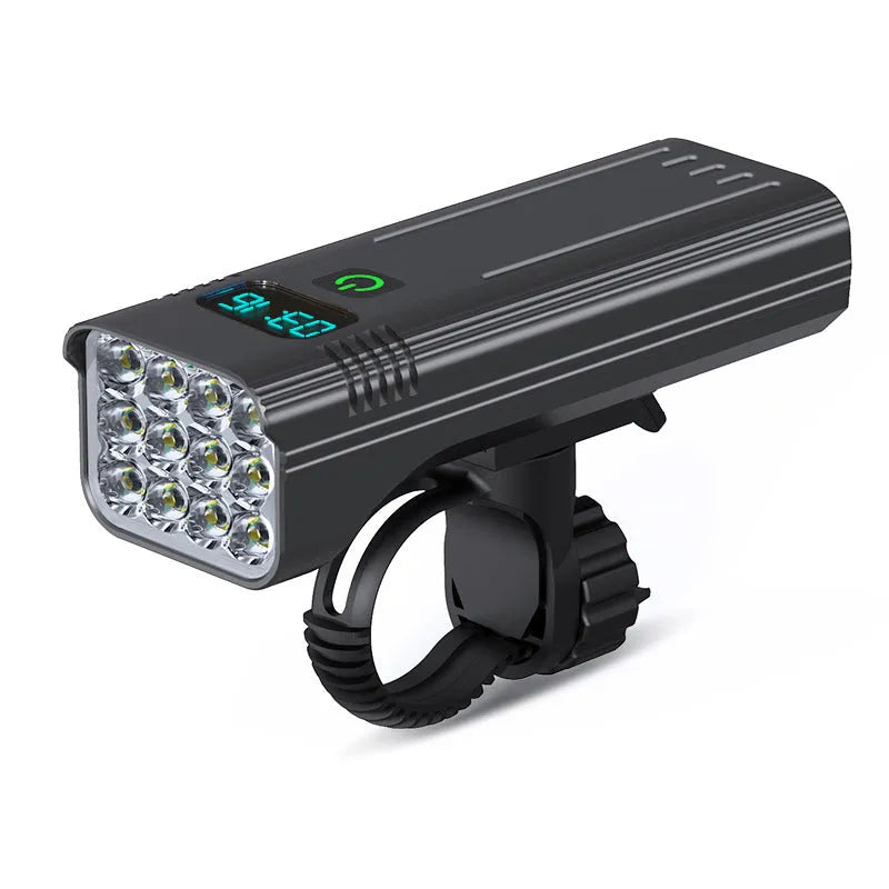 Black KX12DF bicycle headlight with digital display on handlebar mount
