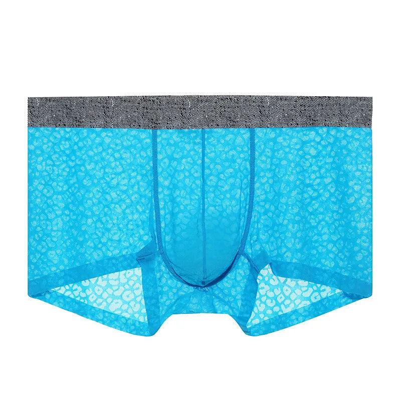 Men's seamless lace boxer briefs in a thin jacquard weave, shown in a solid colour with a low-waist design.