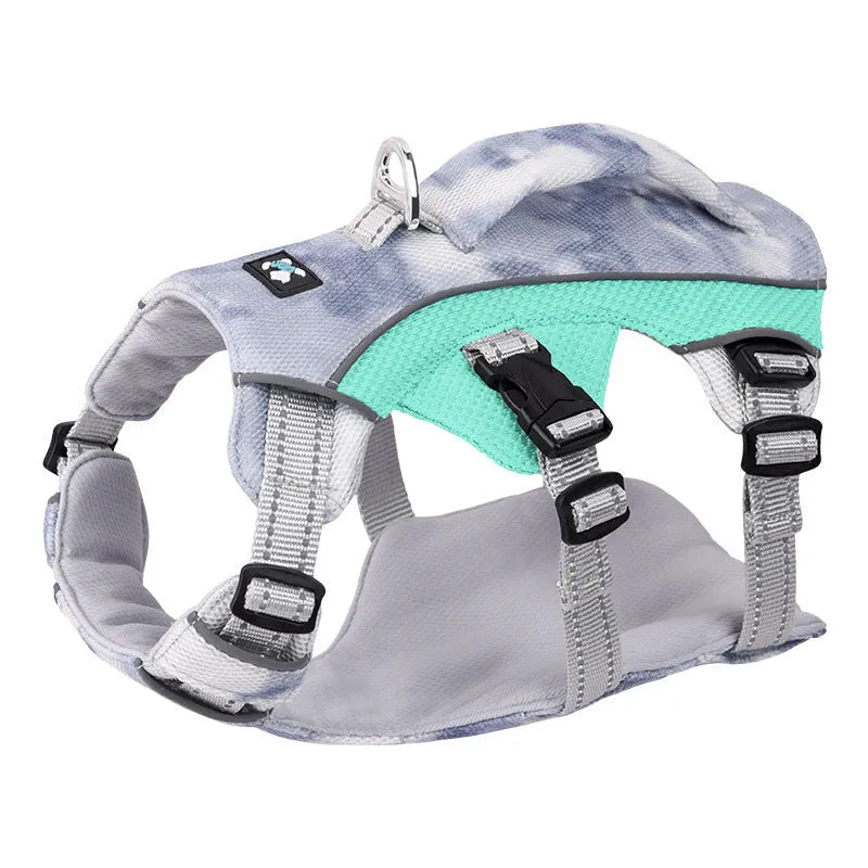 Light blue reflective dog chest strap cooling harness laid flat.