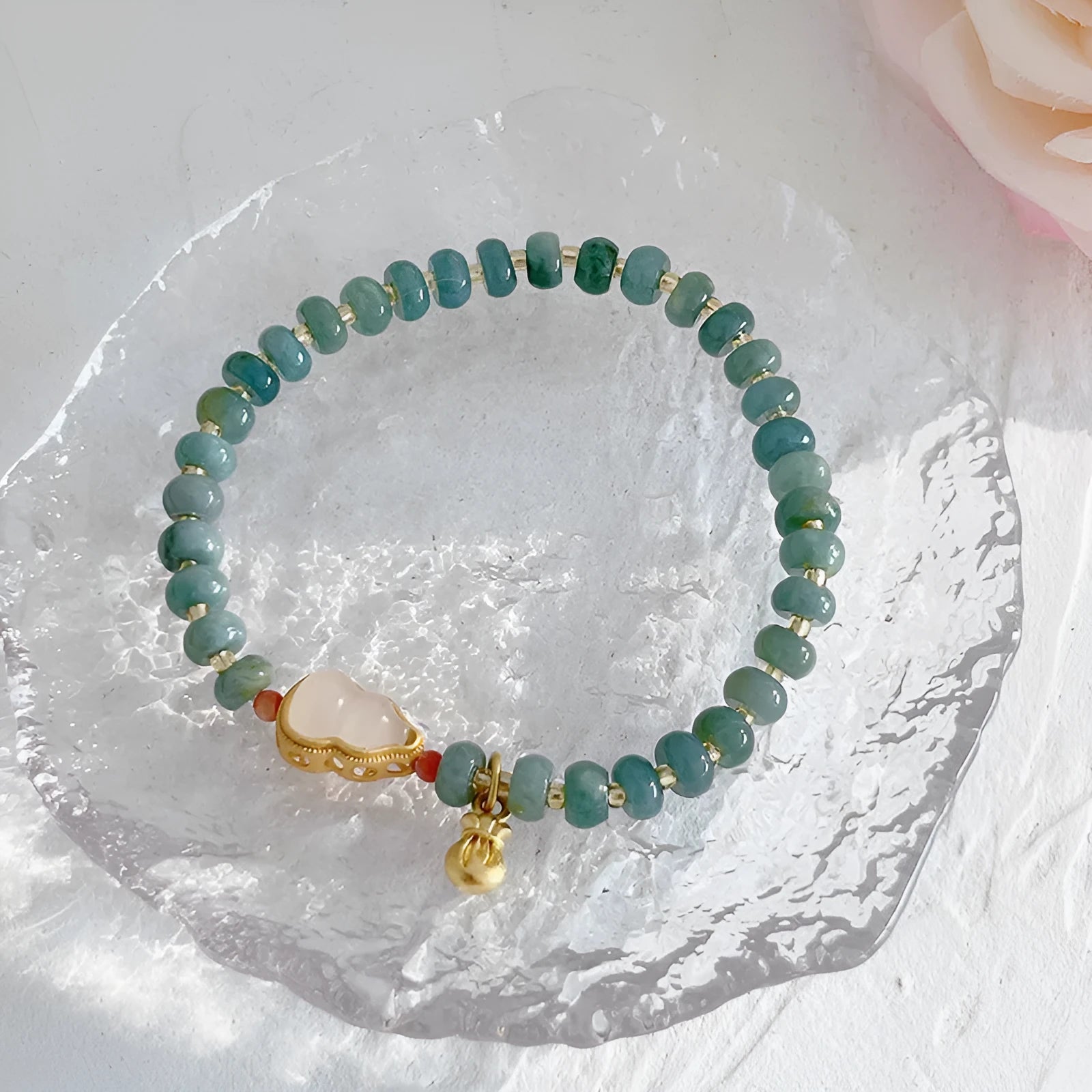 Women's simple ethnic style jade bracelet with Hetian jade gourd bead, peace buckle charm, and fu character pendant