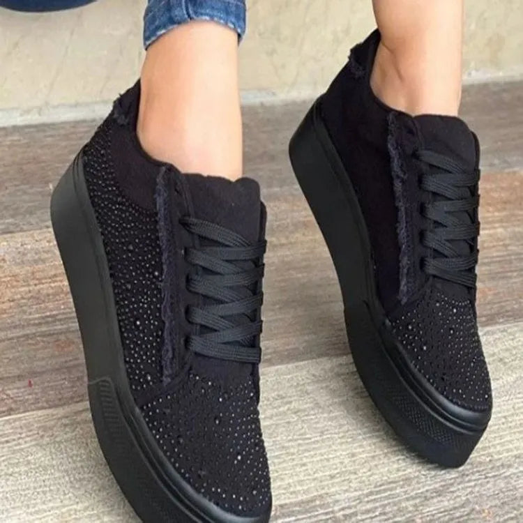 Women's plus size casual sports shoes with rhinestones, thick rubber sole and lace-up design in multiple colours
