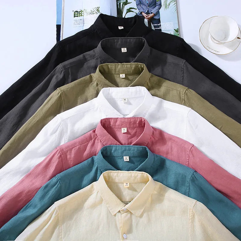 Men's pure linen long sleeve cardigan-style shirt in solid colour options