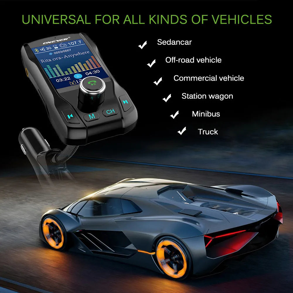 Black car FM transmitter with colour screen and flexible hose plugged into a vehicle power socket