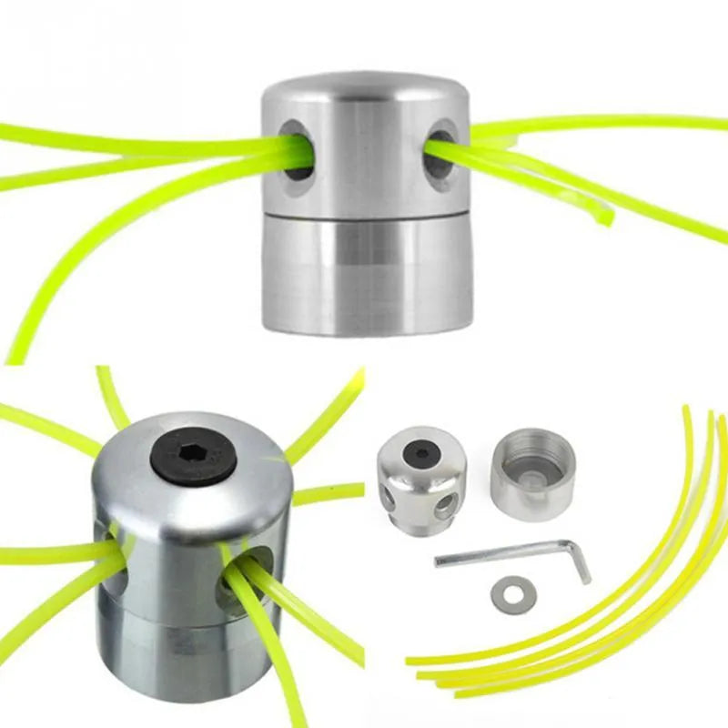 Silver aluminium cylinder grass trimmer head with four light yellow square grass ropes