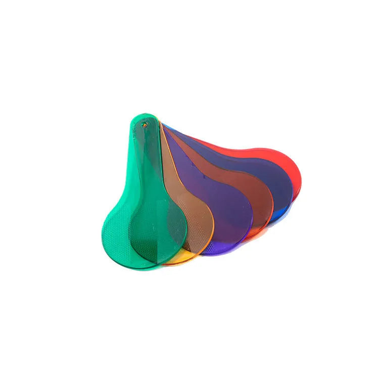 Six colourful PVC learning boards for children, showing red, yellow, blue, green, orange, and purple.
