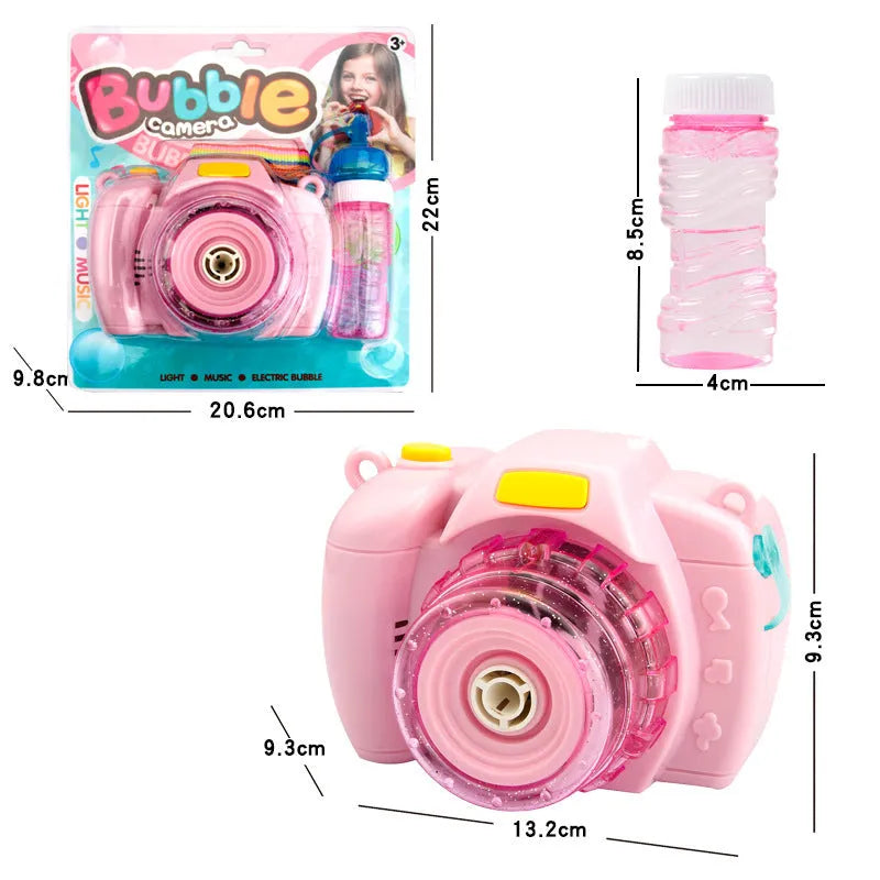Yellow camera-shaped automatic bubble blowing toy for children on a green background.