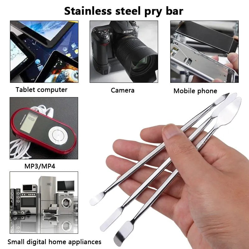60-in-1 electronics repair toolkit with soldering iron, screwdriver bits, pry bars, and anti-static bracelet in backpack