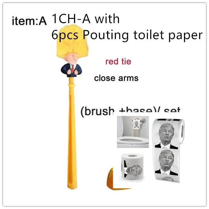 Yellow plastic Donald Trump novelty toilet brush with hanging slot, 40cm length