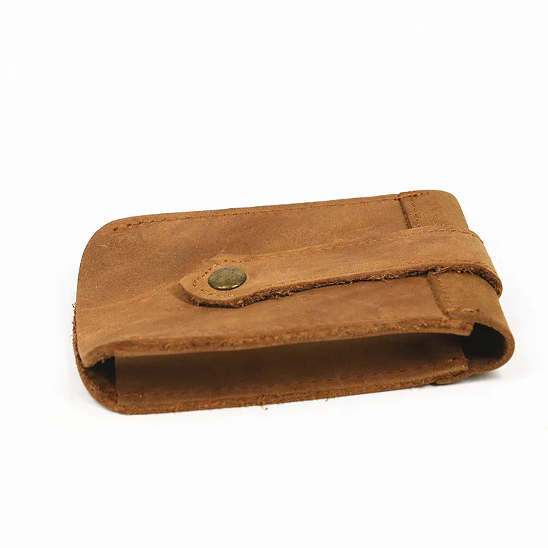 Crazy horse leather key case 7cm by 11.5cm in dark brown colour lying flat