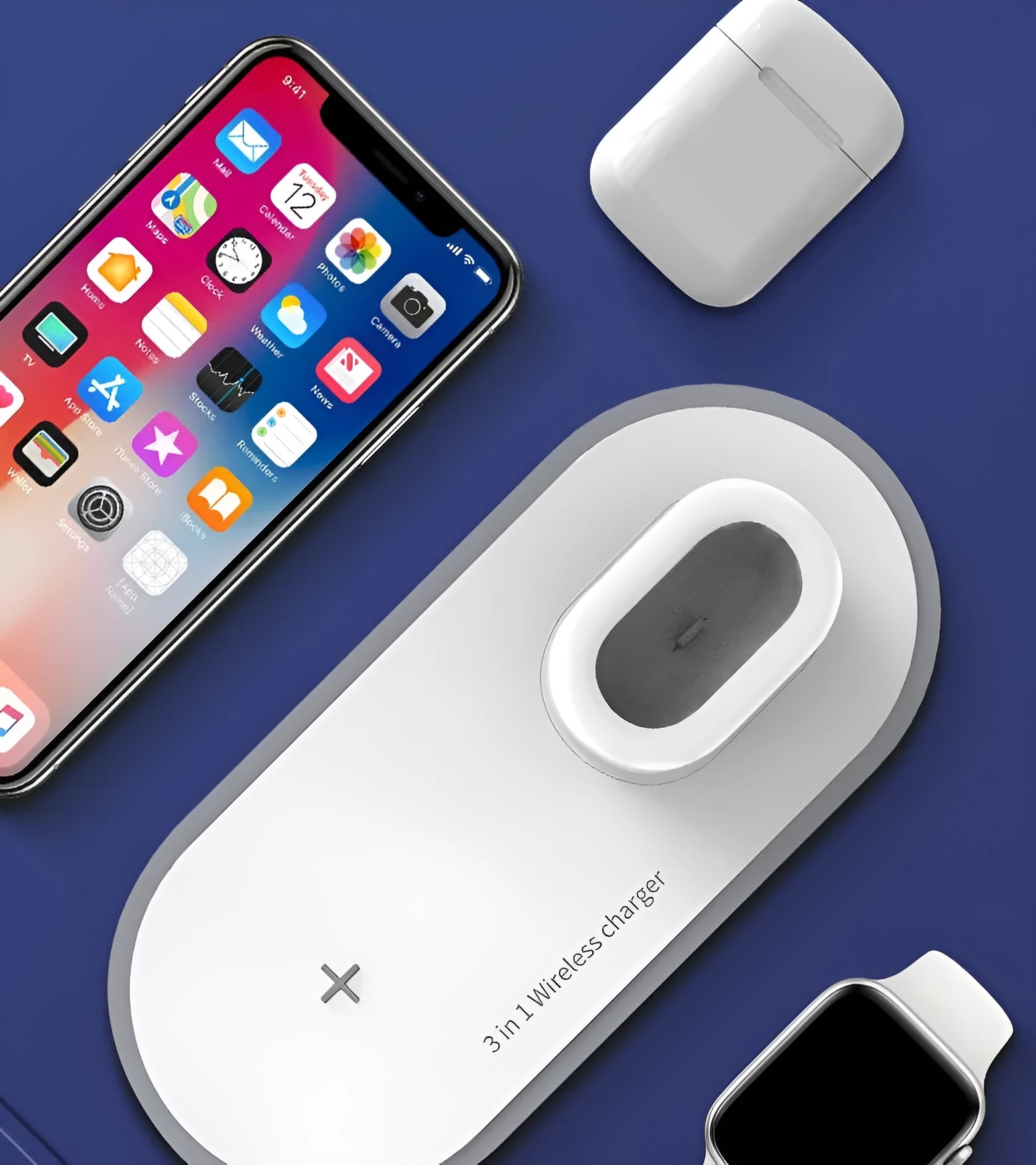 White three-in-one wireless charger for phone and watch with Type-C port and LED indication