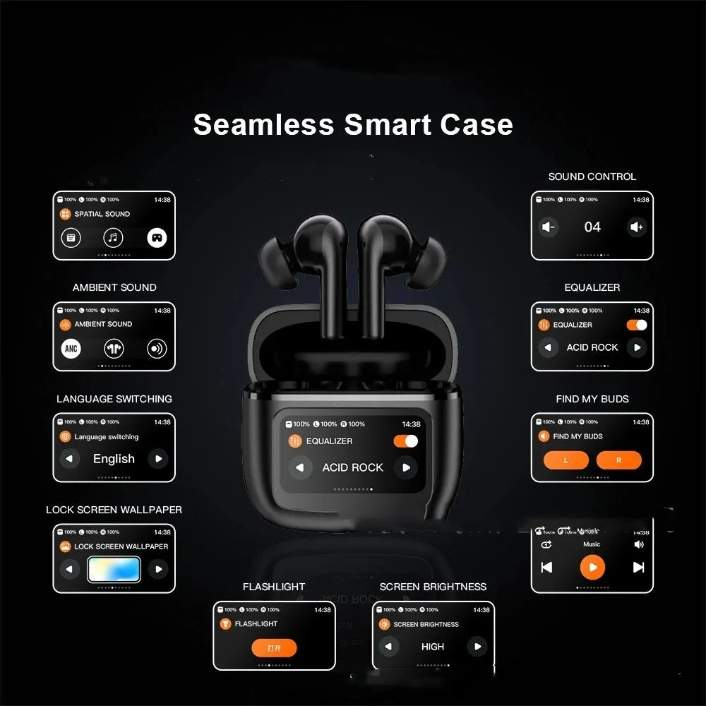 T68 PRO wireless Bluetooth in-ear headphones with colour touch screen display in black, silver, or Champagne.