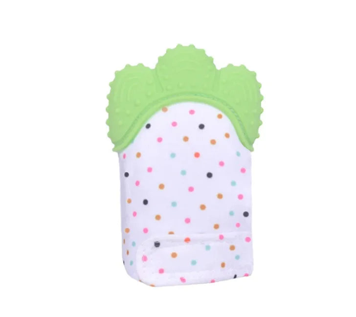 Baby silicone teething glove with Velcro strap in a smiley face yellow design.