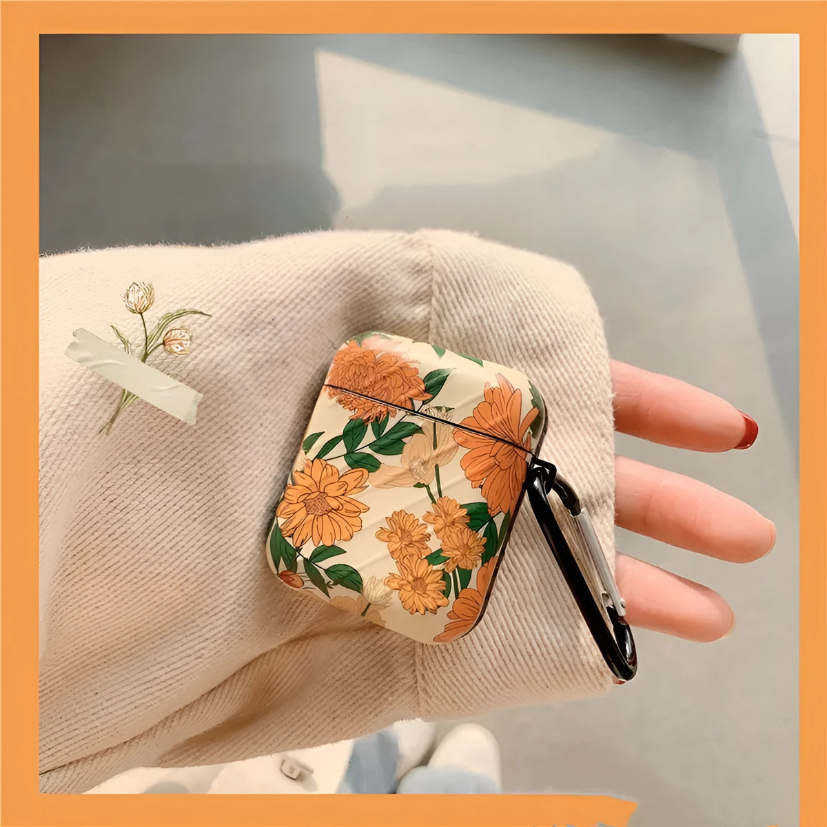 Yellow daisies design on a case for true wireless earbuds compatible with AirPods, light yellow plastic