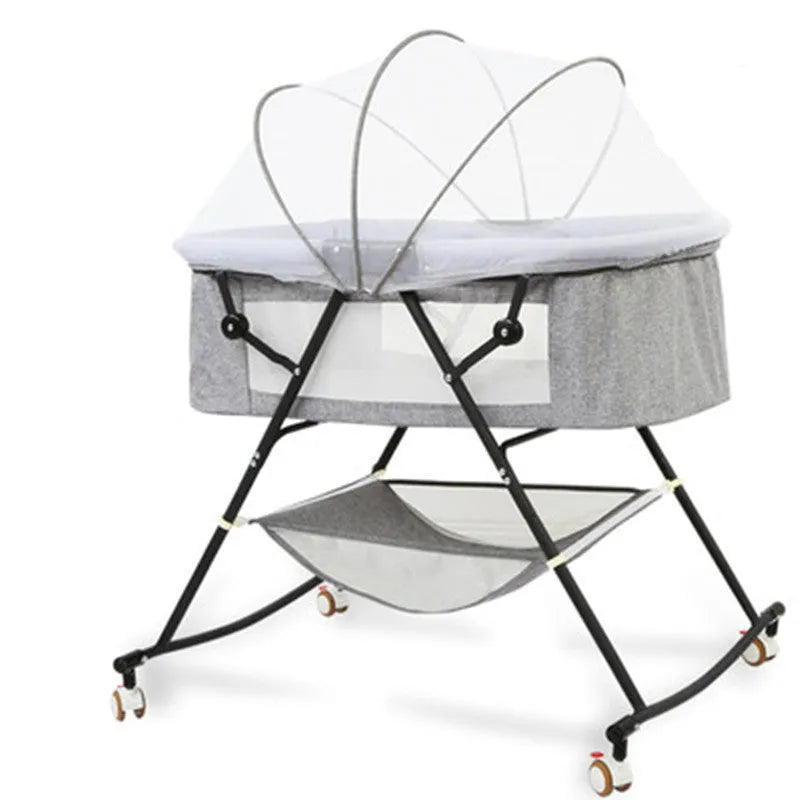 Foldable European style newborn crib with iron frame, shaker, roller, and mosquito net in a nursery setting