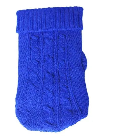 Knitted wool dog sweater with fabric buttons on a white background, shown in blue