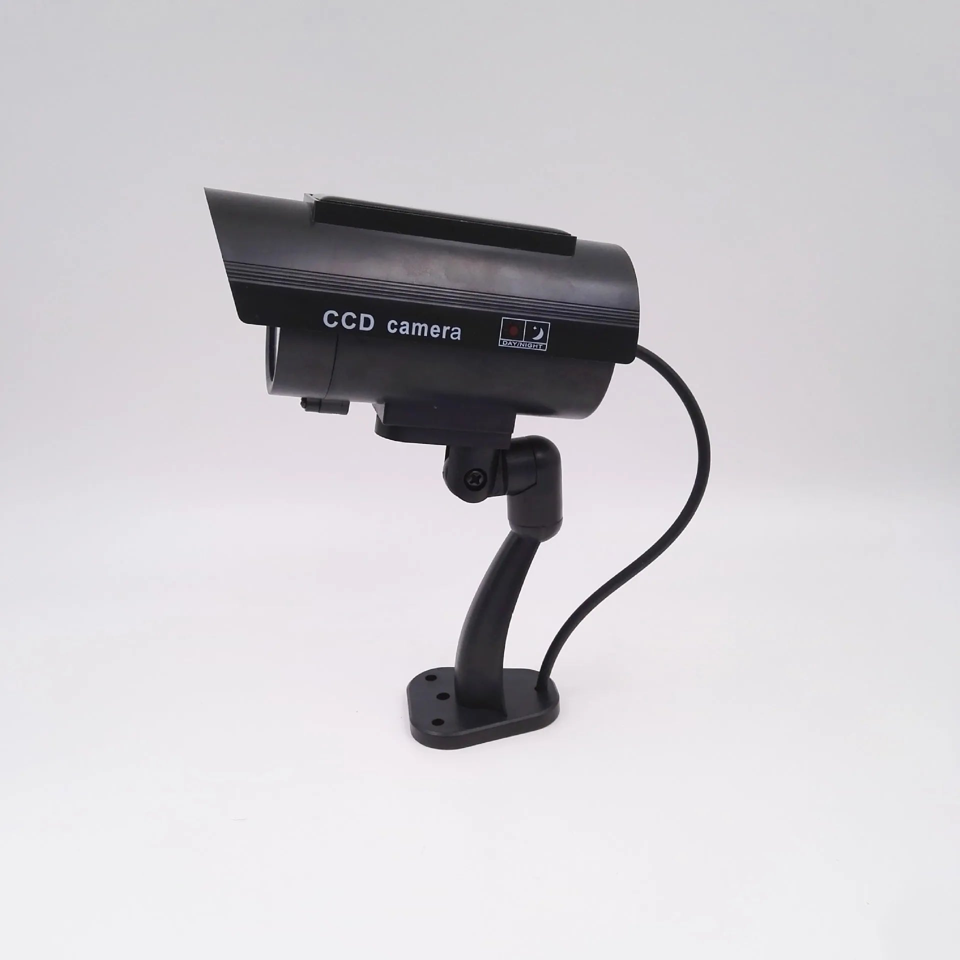 Black solar simulation gun camera with plastic construction for indoor and outdoor security