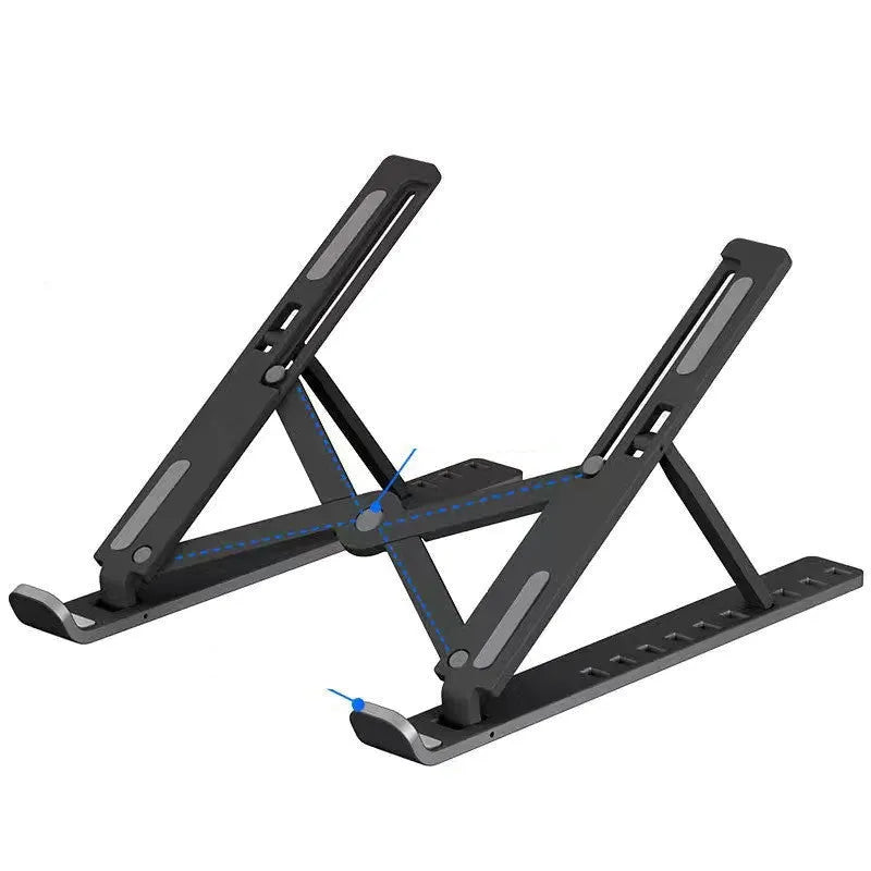 Black folding laptop cooling bracket shown open at an angle and folded flat next to its storage bag.