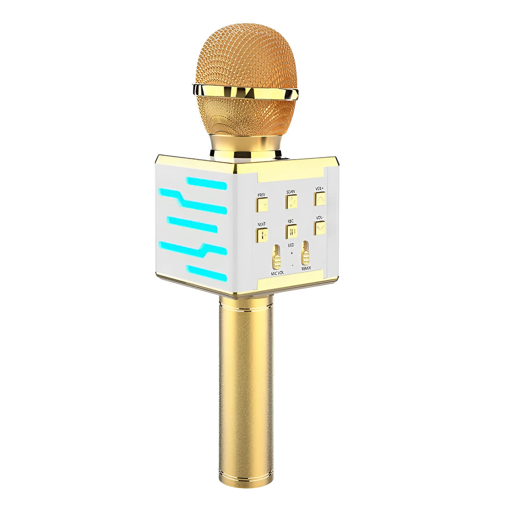 Wireless Bluetooth condenser microphone in gold with super cardioid pattern, 25x8.4x8.4cm