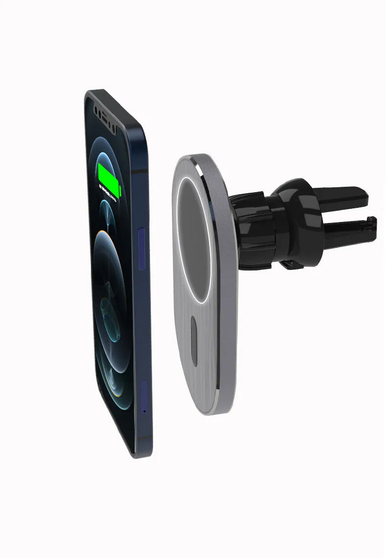 Grey aluminium alloy magnetic wireless car charger for Apple iPhone Magsafe compatible