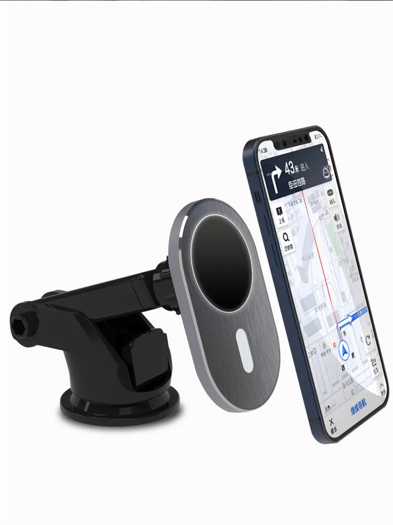 Grey aluminium alloy magnetic wireless car charger for Apple iPhone Magsafe compatible