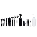 Black plastic and metal mini garden tool set for succulents with kneeling cushion, showing shovel, tweezers, scissors, and watering bottle.