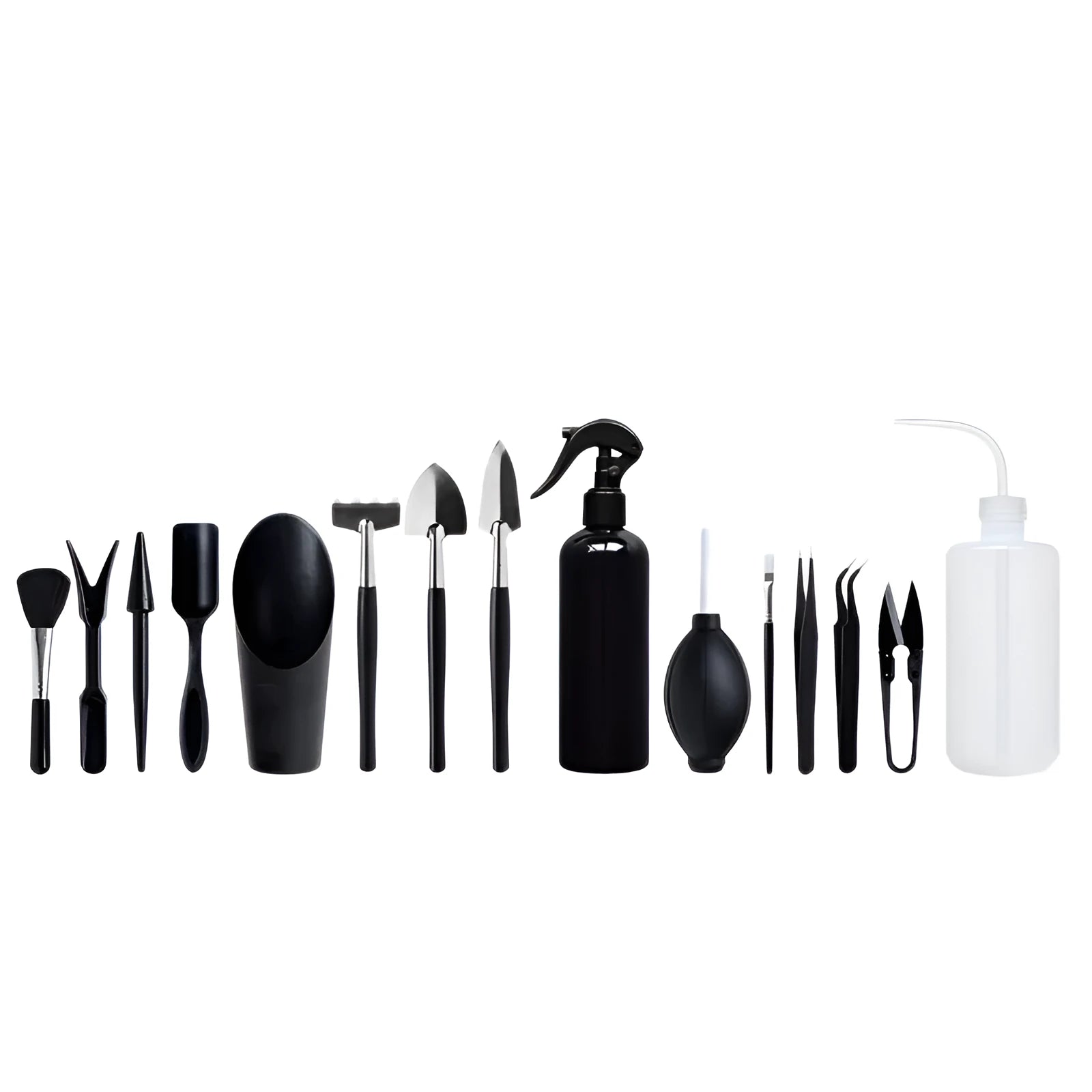 Black plastic and metal mini garden tool set for succulents with kneeling cushion, showing shovel, tweezers, scissors, and watering bottle.