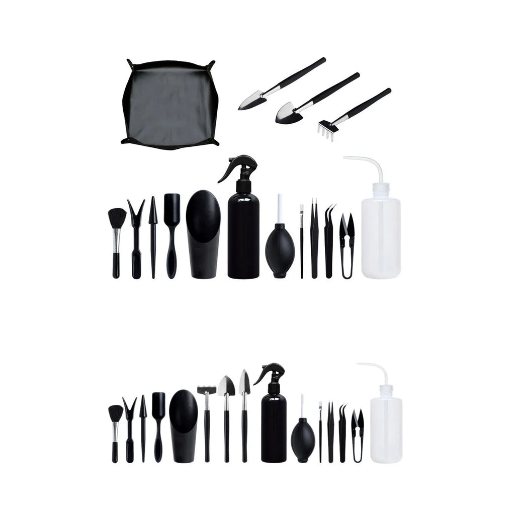 Black plastic and metal mini garden tool set for succulents with kneeling cushion, showing shovel, tweezers, scissors, and watering bottle.