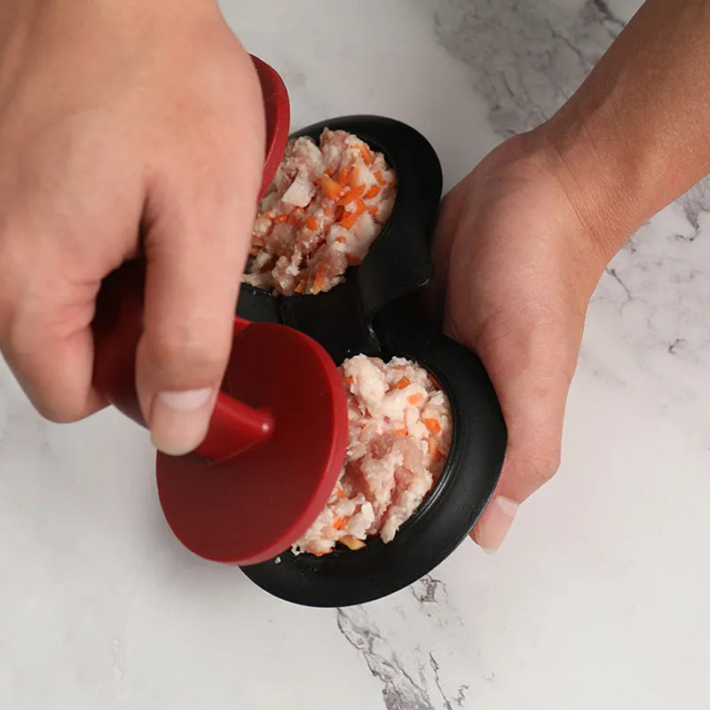 Black and red burger press mould with oil paper liners for making patties