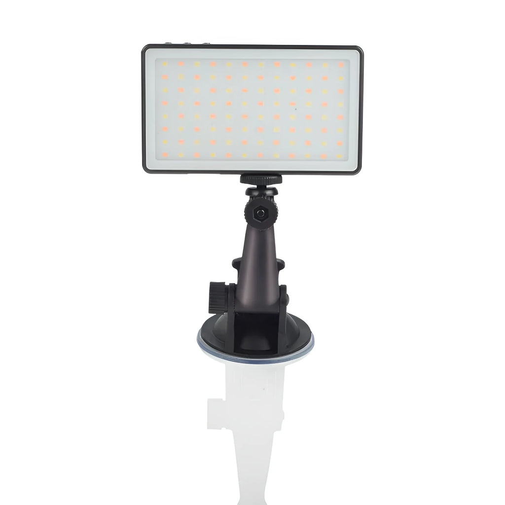 Black aluminium LED panel light for laptop video conferencing with USB-C port and LCD screen.