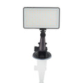 Black aluminium LED panel light for laptop video conferencing with USB-C port and LCD screen.