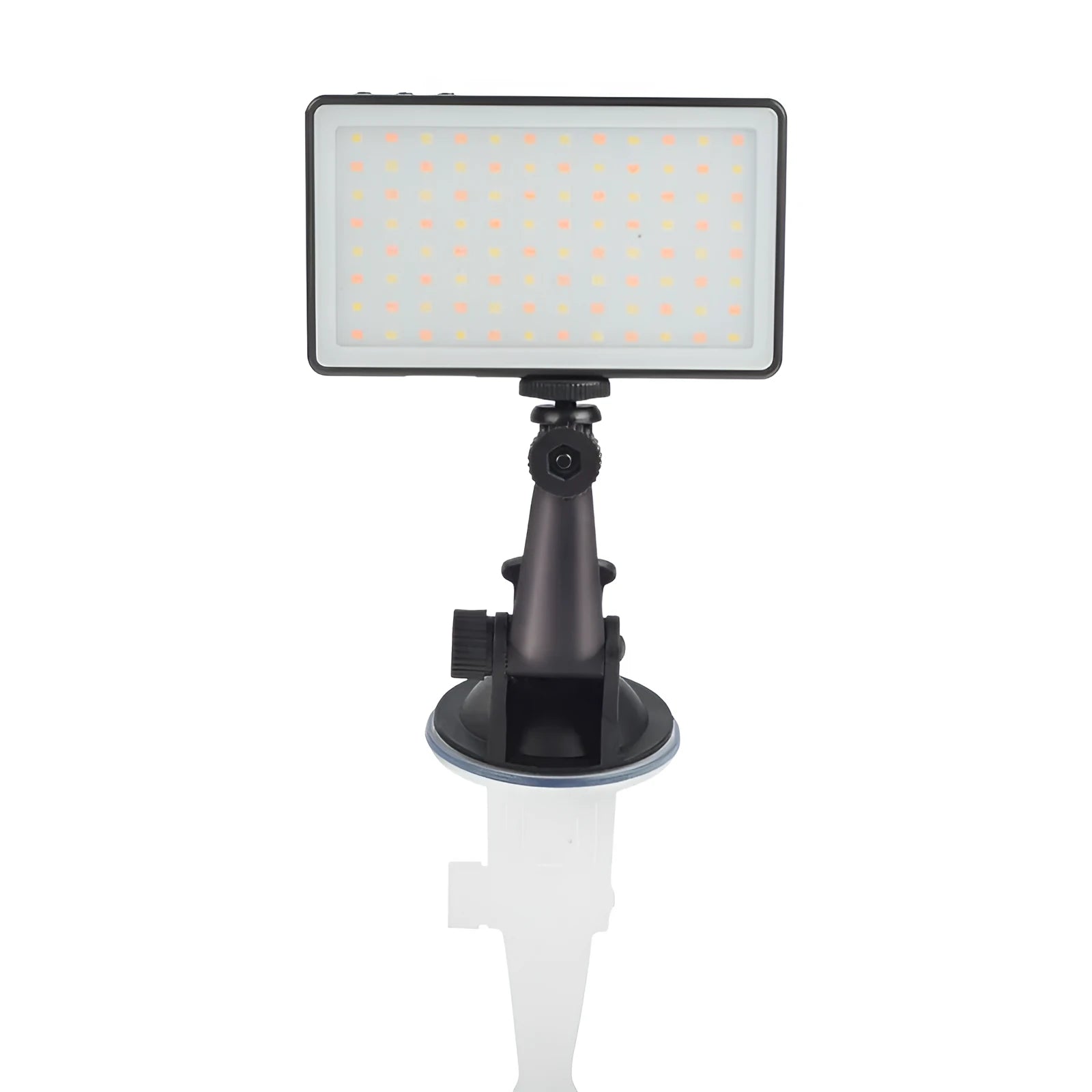 Black aluminium LED panel light for laptop video conferencing with USB-C port and LCD screen.