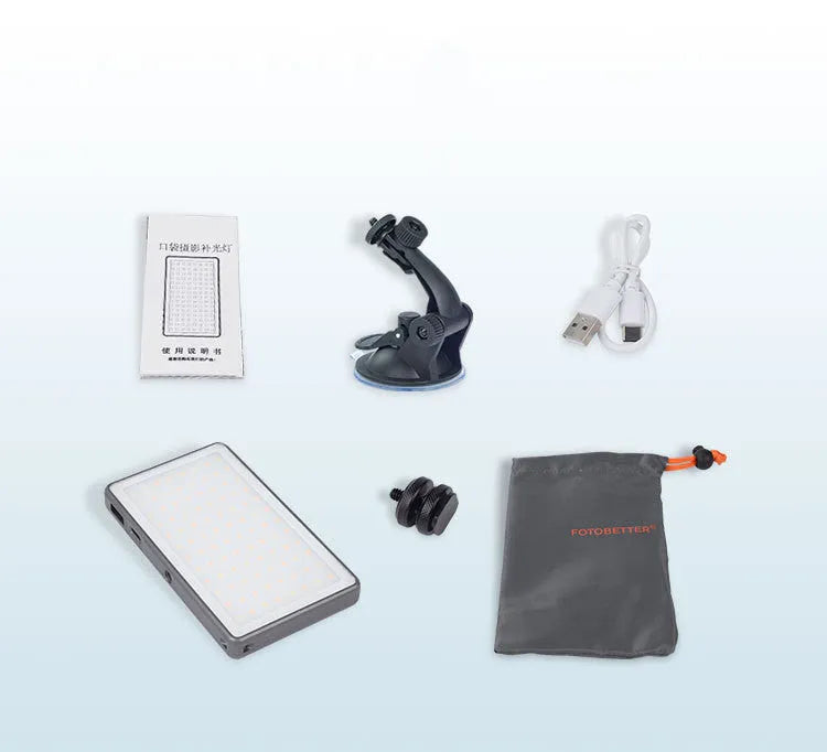 Black aluminium LED panel light for laptop video conferencing with USB-C port and LCD screen.