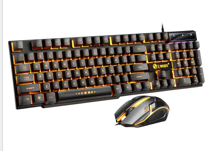 Limei Gtx300 white and black wired mechanical gaming keyboard and mouse set on a desktop.