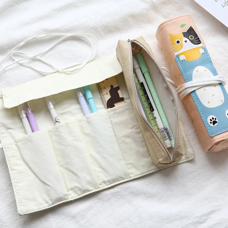 Korean cartoon style rolling pencil case in blue, green, pink, and yellow cat designs